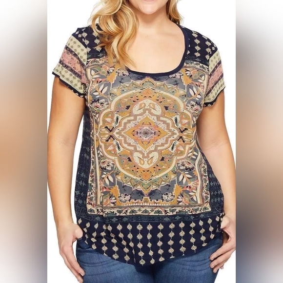 Lucky Brand Tops - LUCKY BRAND Y2K Bohemian Indian Tapestey Indigo Short Sleeve Top Size Large